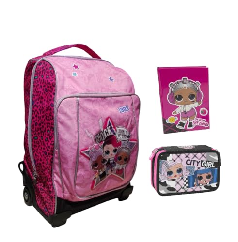 PRESTIGE & DELUXE Rucksack Trolley kompatibel mit L0l Surprise 2 Fächer mit Reißverschluss, für Mädchen, Schule + Federmäppchen 3 Etagen + Tagebuch 2025/2026 + Schlüsselanhänger Pailletten und 7 von PRESTIGE & DELUXE