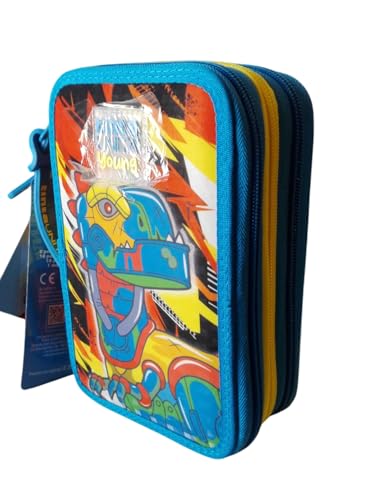 PRESTIGE & DELUXE Schüleretui Dino Dinosaurier einfarbig – 3 Etagen komplett mit Schreibwaren für Kinder + Schlüsselanhänger Pfeife und mehrfarbiger Stift von PRESTIGE & DELUXE