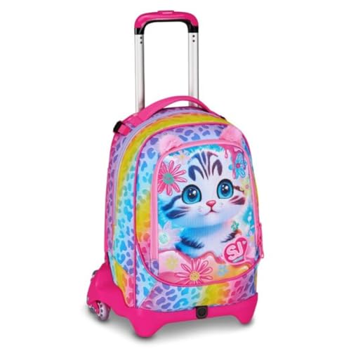 PRESTIGE & DELUXE Schultrolley Jack 3 abnehmbare Räder Cat & Air Katze, 3 in 1 für Grundschule Mädchen + 7 löschbare Stifte und Schlüsselanhänger mit Pailletten von PRESTIGE & DELUXE