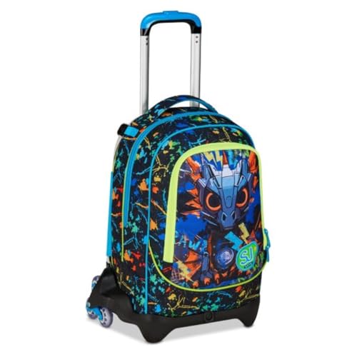 PRESTIGE & DELUXE Schultrolley Jack 3 abnehmbare Räder LED Drachenlook 3 in 1 für Grundschule Kinder + 7 löschbare Stifte und Schlüsselanhänger Pfeife von PRESTIGE & DELUXE