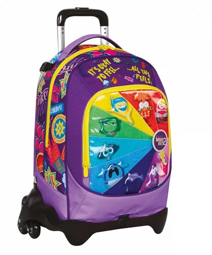 PRESTIGE & DELUXE Schultrolley Jack mit 3 abnehmbaren Rädern Inside Out 2 Universal Mood, 3 in 1 für Grundschule Mädchen + 7 löschbare Stifte und Schlüsselanhänger mit Pailletten von PRESTIGE & DELUXE