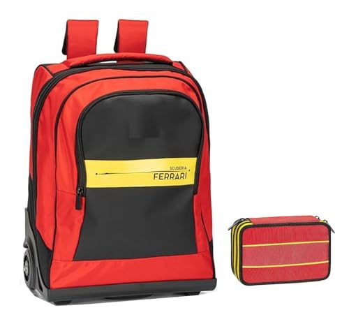 PRESTIGE & DELUXE Scuderia Italia Ferrari Rucksack erweiterbar für Grund- und Sekundarschule Jungen + Federmäppchen 3 Etagen komplett + Schlüsselanhänger Pfeife und 7 mehrfarbige Stifte, mehrfarbig von PRESTIGE & DELUXE
