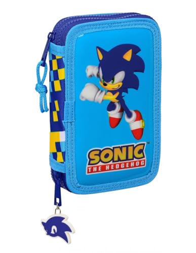 PRESTIGE & DELUXE Sonic The Hedgehog Federmäppchen mit 2 Etagen, 28 Stück für die Schule + Schlüsselanhänger Sonic, mehrfarbig, standard, Classic von PRESTIGE & DELUXE
