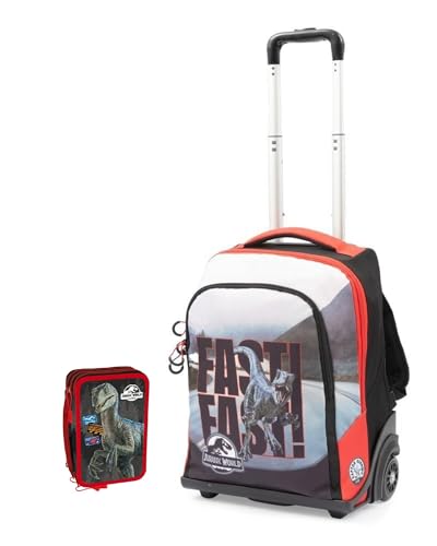 PRESTIGE & DELUXE Trolley Rucksack Jurassik Dinosaurier für die Schule Kinder + Federmäppchen 3 Ebenen + Geschenk 7 Stifte und Schlüsselanhänger Dinosaurier Metall 3D von PRESTIGE & DELUXE