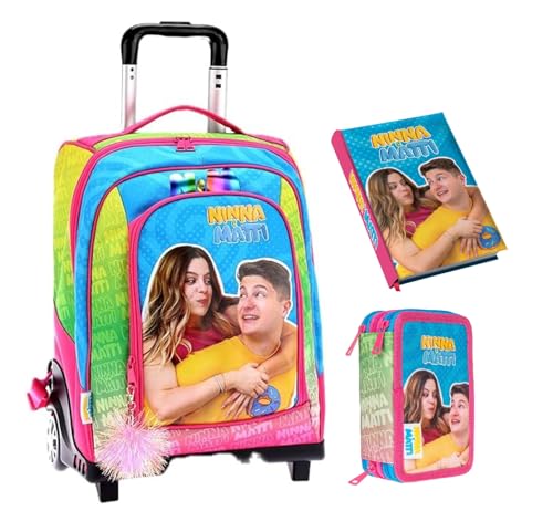 PRESTIGE & DELUXE Trolley Rucksack Ninna & Matti für die Schule Mädchen + Federmäppchen 3 Etagen + Kalender 2025/2026 + 7 Stifte und Schlüsselanhänger Pailletten von PRESTIGE & DELUXE