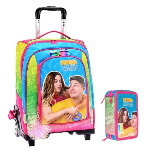 PRESTIGE & DELUXE Trolley Rucksack Ninna & Matti für die Schule Mädchen gelb hellblau grün rosa + Federmäppchen 3 Ebenen + Gratis 7 Stifte und Schlüsselanhänger Pailletten von PRESTIGE & DELUXE