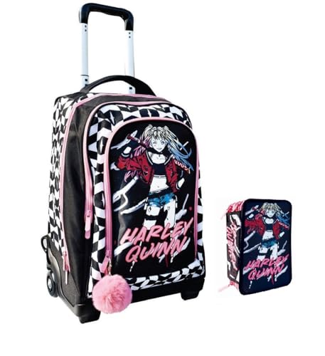 PRESTIGE & DELUXE Trolley Rucksack kompatibel mit Harley für die Schule Mädchen + Federmäppchen 3 Ebenen + 7 Stifte und Schlüsselanhänger Pailletten von PRESTIGE & DELUXE