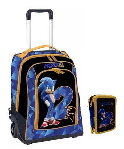 PRESTIGE & DELUXE Trolley Schulrucksack Sonic 2 + Federmäppchen 3 Ebenen komplett mit Schreibwaren + Sonic-Digitaluhr und 7 löschbare Stifte von PRESTIGE & DELUXE