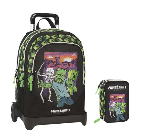 PRESTIGE & DELUXE Trolley Schulrucksack abnehmbar kompatibel mit Minecraft für Kinder + Federmäppchen 3 Ebenen komplett mit Schreibwaren + 7 löschbare Stifte und Schlüsselanhänger Pfeife von PRESTIGE & DELUXE