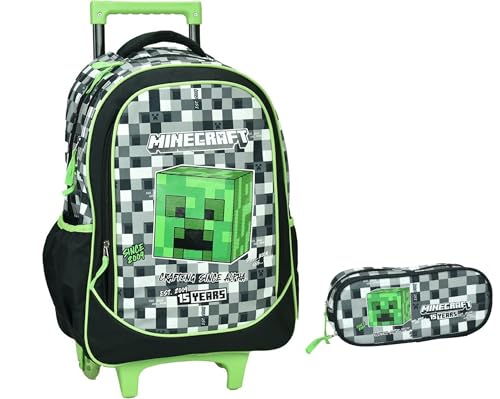 PRESTIGE & DELUXE Trolley Schulrucksack kompatibel mit Minecraft 46 cm High-End für Kinder + Federmäppchen oval Reißverschluss, mehrfarbig, standard, trolley von PRESTIGE & DELUXE