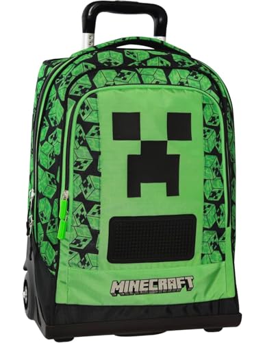 PRESTIGE & DELUXE Trolley Schulrucksack kompatibel mit Minecraft Pixel für Kinder + 7 löschbare Stifte und Schlüsselanhänger Pfeife von PRESTIGE & DELUXE