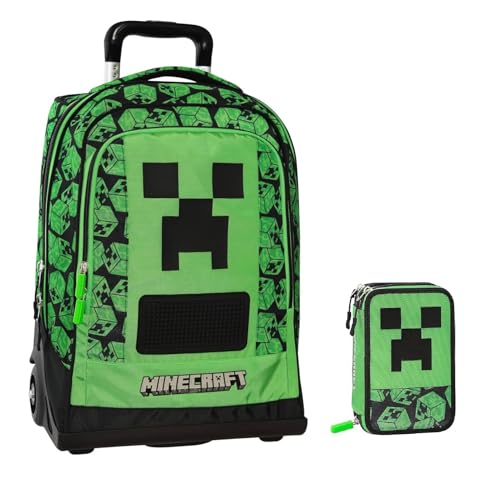 PRESTIGE & DELUXE Trolley Schulrucksack kompatibel mit Minecraft Pixel für Kinder + Federmäppchen 3 Ebenen komplett mit Schreibwaren + 7 löschbare Stifte und Schlüsselanhänger Pfeife von PRESTIGE & DELUXE