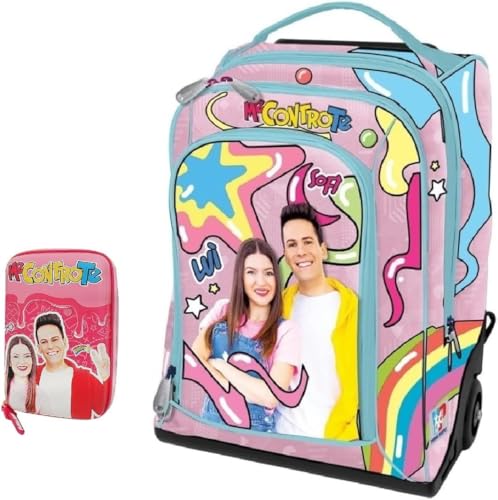 Rucksack Me Contro Te Rosa Girl für Mädchen der Grundschule + Federmäppchen One Time + Geschenk 7 Stifte Schlüsselanhänger Pailletten Stift bunt von PRESTIGE & DELUXE