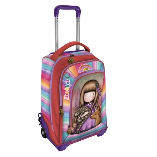 Rucksack Trolley kompatibel mit Santoro Die Magie der Tiere, 2 Fächer mit Reißverschluss, gepolsterte Schultergurte, für Mädchen, Grundschulen + Schlüsselanhänger mit Pailletten und 7 mehrfarbigen von PRESTIGE & DELUXE