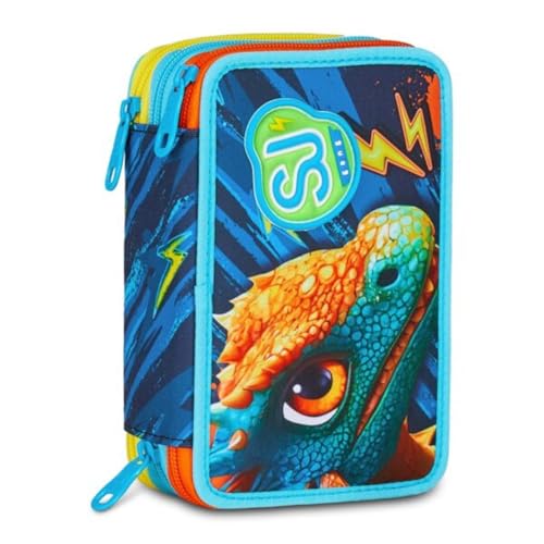 Schüleretui SJ Boy, Gang Seven – Dragon Glide Drache – 3 Etagen komplett mit Schreibwaren für Kinder + Schlüsselanhänger Pfeife und Kugelschreiber, mehrfarbig von PRESTIGE & DELUXE