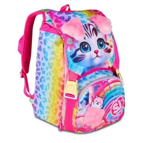 Schulrucksack SJ Girl Cat & Air Kätzchen erweiterbar By Seven für Grundschule Mädchen + 7 Stifte zum Aufstecken und Schlüsselanhänger mit Pailletten von PRESTIGE & DELUXE