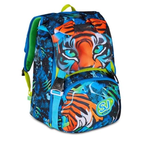 Schulrucksack Sj Boy Air Tiger Tiger erweiterbar by Seven für Grundschule Kinder + 7 Stifte zum Aufstecken und Schlüsselanhänger Pailletten von PRESTIGE & DELUXE