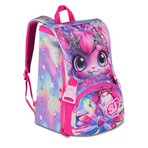 Schulrucksack Sj Gang Cat Lady Kätzchen erweiterbar by Seven für Grundschule Mädchen + 7 Stifte zum Aufstecken und Schlüsselanhänger Pailletten von PRESTIGE & DELUXE