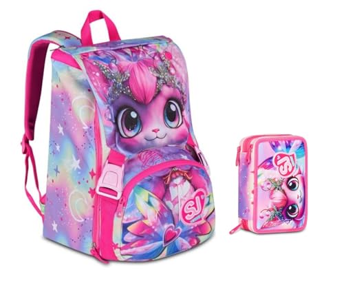 Schulrucksack Sj Gang Cat Lady Kätzchen erweiterbar by Seven für Grundschule Mädchen + Federmäppchen 3 Ebenen + 7 Stifte zum Aufstecken und Schlüsselanhänger Pailletten von PRESTIGE & DELUXE