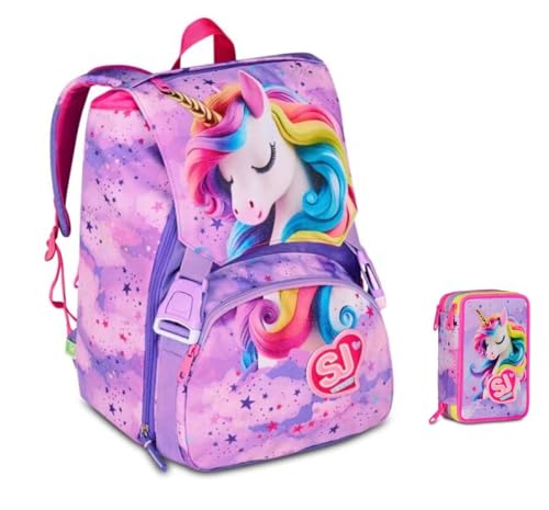 Schulrucksack Sj Gang Fable Journey Einhorn geflügelt erweiterbar by Seven für Grundschule Mädchen + Federmäppchen 3 Ebenen komplett Schreibwaren + 7 Stifte zum Aufstecken und Schlüsselanhänger mit von PRESTIGE & DELUXE