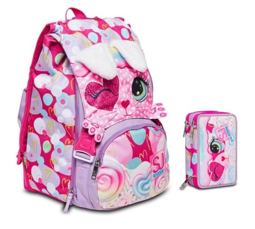 Schulrucksack Sj Girl Heart Lolly erweiterbar By Seven für Grundschule Mädchen + Federmäppchen 3 Etagen komplett Schreibwaren + 7 Schnappstifte und Schlüsselanhänger Pailletten von PRESTIGE & DELUXE