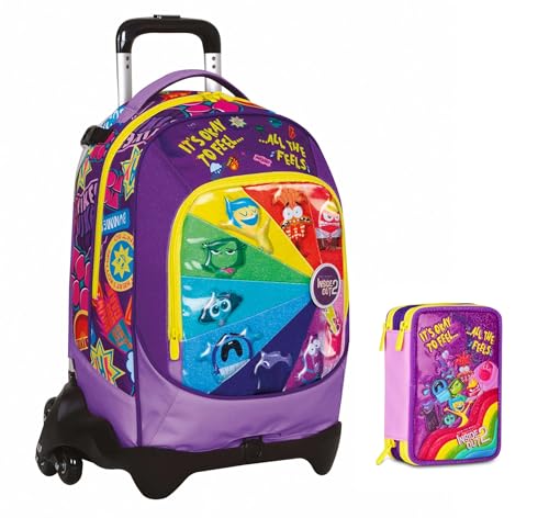 Schultrolley Jack mit 3 abnehmbaren Rädern Inside Out 2 Universal Mood, 3 in 1 für Grundschule Mädchen + Federmäppchen 3 Reißverschlüsse mit Schreibwaren + 7 radierbare Stifte und Schlüsselanhänger von PRESTIGE & DELUXE