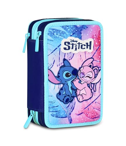 Stitch Federmäppchen Cute & Fluffy Umarmung 3 Etagen für die Schule komplett mit Schreibwaren Stiften, Bleistiften, Farben + Gratis Schlüsselanhänger Pailletten und Stift mehrfarbig von PRESTIGE & DELUXE