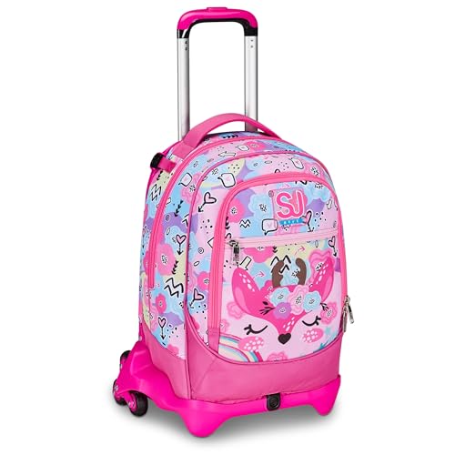 Trolley mit abnehmbarem Rucksack, 3 Rädern, Sj Gang Pinkhugs, 2 Fächer, gepolsterte Schultergurte, für Mädchen, Grundschule + Schlüsselanhänger mit Pailletten und 7 mehrfarbigen Stiften, mehrfarbig von PRESTIGE & DELUXE