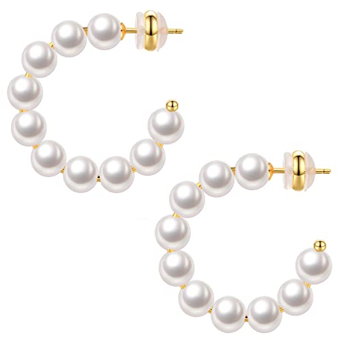 PRETOLE Perlen-Creolen für Damen 14 Karat vergoldete leichte hypoallergene Perlen-Creolen für Mädchen Hochzeit Brautjungfer von PRETOLE