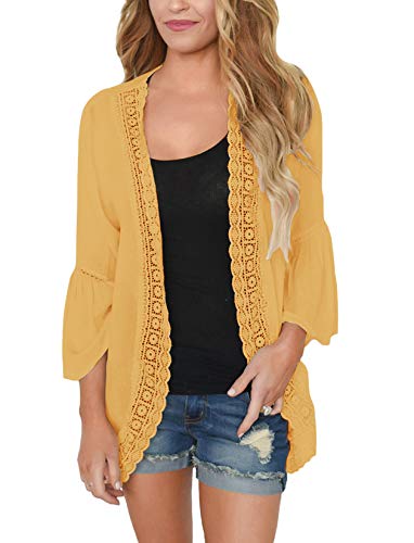 PRETTODAY Damen Sommer Kimono Cardigan Rüschen Glockenärmel Pullover Spitze Cover Up Lose Bluse Tops - Gelb - Klein von PRETTODAY