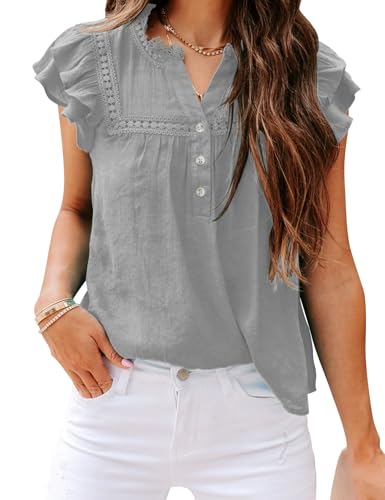 PRETTODAY Damen V-Ausschnitt Spitze Häkeln Shirts Button Down Kurzarm Casual Bluse Tops, GRAU, Mittel von PRETTODAY