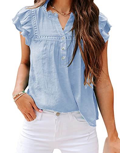 PRETTODAY Damen V-Ausschnitt Spitze Häkelshirts Button Down Kurzarm Casual Bluse Tops, Hell, blau, Mittel von PRETTODAY