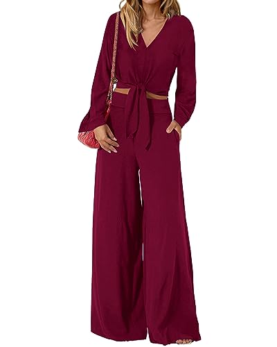 PRETTYGARDEN 2-teiliges Damen-Outfit 2025 Herbst Mode V-Ausschnitt Langarm Strappy Crop Top Weites Bein Hose Lounge-Sets, Weinrot, L von PRETTYGARDEN