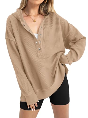 PRETTYGARDEN 2023 Herbst Button Up Hooded Oversized Sweatshirts für Frauen Casual Langarm Hoodie Lose V-Ausschnitt Pullover Tops, Khaki, L von PRETTYGARDEN