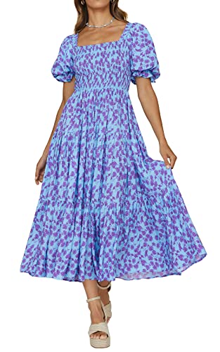 PRETTYGARDEN Damen Boho, Blumendruck, Sommerkleider, quadratischer Ausschnitt, Puffärmel, A-Linie, langes Kleid mit Smok-Details, lässiges Maxikleid, Groß von PRETTYGARDEN