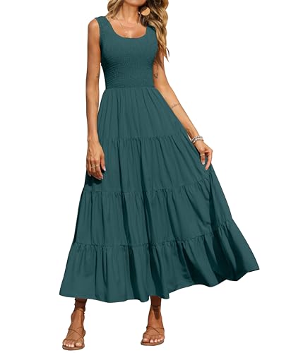 PRETTYGARDEN Damen 2023 Casual Lose Einfarbig Maxi Sommerkleid Gesmokt Tank Kleid Ärmellos Sommer Strand Stufened Lange Kleider, Blau Grün, Mittel von PRETTYGARDEN