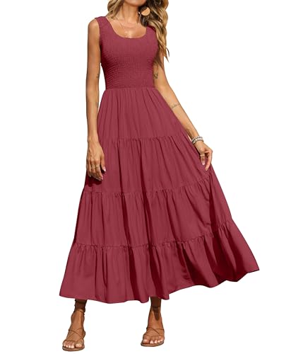 PRETTYGARDEN Damen 2023 Casual Lose Einfarbig Maxi Sommerkleid Gesmokt Tank Kleid Ärmellos Sommer Strand Stufened Lange Kleider, Bohnenpaste rot, Groß von PRETTYGARDEN