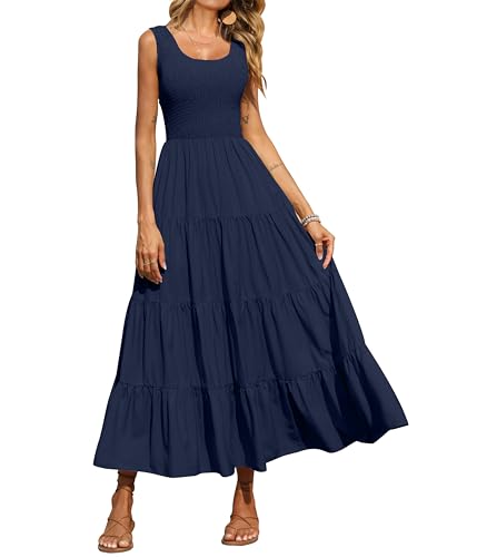 PRETTYGARDEN Damen 2023 Casual Lose Einfarbig Maxi Sommerkleid Gesmokt Tank Kleid Ärmellos Sommer Strand Stufened Lange Kleider, Marineblau, Groß von PRETTYGARDEN