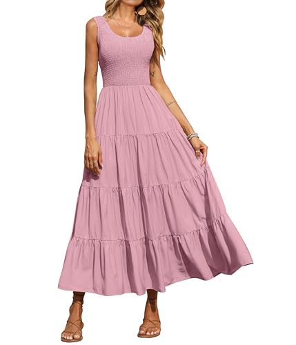 PRETTYGARDEN Damen 2023 Casual Lose Einfarbig Maxi Sommerkleid Gesmokt Tank Kleid Ärmellos Sommer Strand Stufened Lange Kleider, Pink, Groß von PRETTYGARDEN