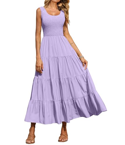 PRETTYGARDEN Damen 2023 Casual Lose Einfarbig Maxi Sommerkleid Gesmokt Tank Kleid Ärmellos Sommer Strand Stufened Lange Kleider, Violett, X-Groß von PRETTYGARDEN