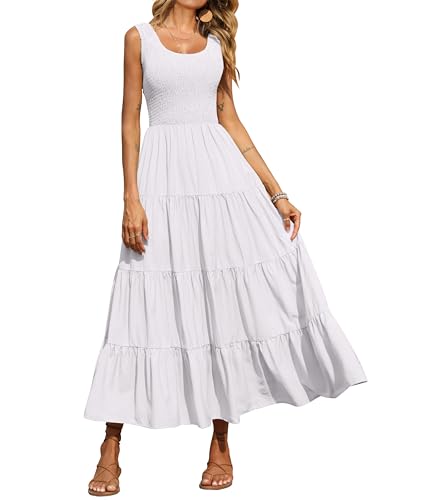 PRETTYGARDEN Damen 2023 Casual Lose Einfarbig Maxi Sommerkleid Gesmokt Tank Kleid Ärmellos Sommer Strand Stufened Lange Kleider, Weiss/opulenter Garten, Klein von PRETTYGARDEN