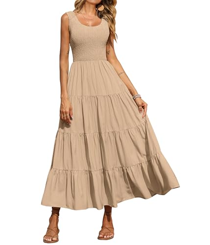 PRETTYGARDEN Damen 2023 Casual Lose Einfarbig Maxi Sommerkleid Gesmokt Tank Kleid Ärmellos Sommer Strand Stufened Lange Kleider, aprikose, Groß von PRETTYGARDEN