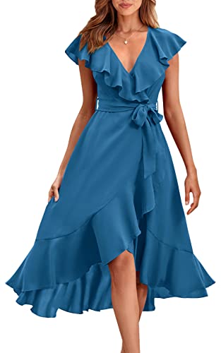 PRETTYGARDEN Damen 2023 Sommer Wrap Maxikleid Casual Boho Tiefer V-Ausschnitt Kurzarm Rüschen Saum Split Strand Lange Kleider, Grau, Blau, Mittel von PRETTYGARDEN