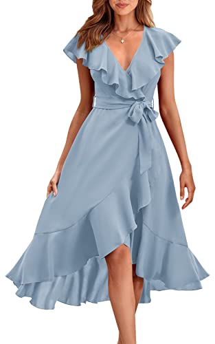 PRETTYGARDEN Damen 2023 Sommer Wrap Maxikleid Casual Boho Tiefer V-Ausschnitt Kurzarm Rüschen Saum Split Strand Lange Kleider, Hell, blau, XX-Large von PRETTYGARDEN