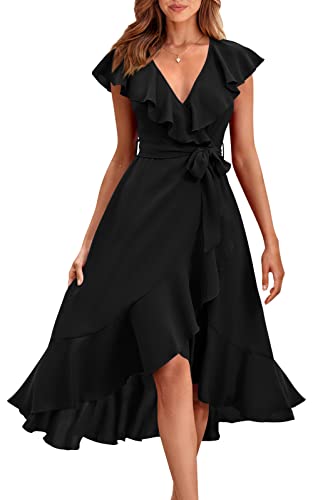 PRETTYGARDEN Damen 2023 Sommer Wrap Maxikleid Casual Boho Tiefer V-Ausschnitt Kurzarm Rüschen Saum Split Strand Lange Kleider, Schwarz, X-Groß von PRETTYGARDEN