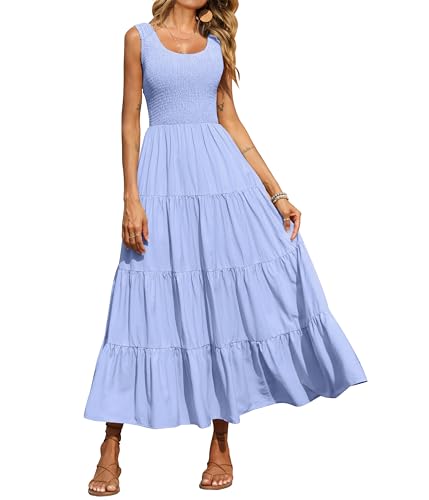 PRETTYGARDEN Damen 2024 Casual Loose Plain Maxi Sommerkleid Gesmoktes Tankkleid Ärmellos Sommer Strand Gestufte Lange Kleider, Blau, Klein von PRETTYGARDEN