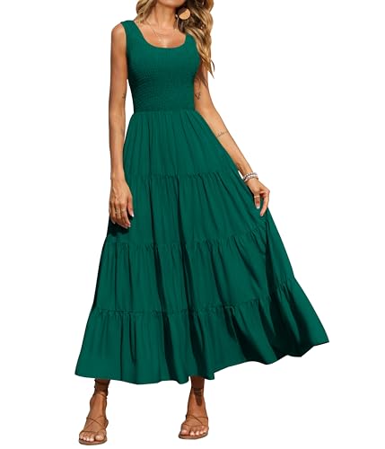 PRETTYGARDEN Damen 2024 Casual Loose Plain Maxi Sommerkleid Gesmoktes Tankkleid Ärmellos Sommer Strand Gestufte Lange Kleider, Dunkelgrün, Groß von PRETTYGARDEN