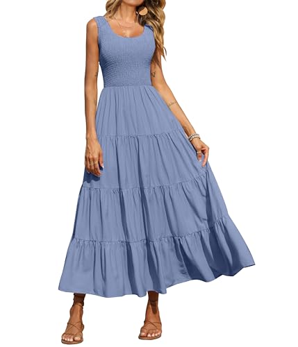 PRETTYGARDEN Damen 2024 Casual Loose Plain Maxi Sommerkleid Gesmoktes Tankkleid Ärmellos Sommer Strand Gestufte Lange Kleider, Grau, Blau, X-Groß von PRETTYGARDEN