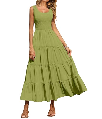 PRETTYGARDEN Damen 2024 Casual Loose Plain Maxi Sommerkleid Gesmoktes Tankkleid Ärmellos Sommer Strand Gestufte Lange Kleider, Hellgrün, X-Groß von PRETTYGARDEN