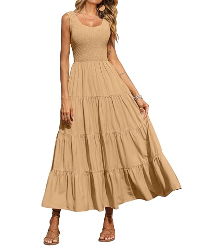 PRETTYGARDEN Damen 2024 Casual Loose Plain Maxi Sommerkleid Gesmoktes Tankkleid Ärmellos Sommer Strand Gestufte Lange Kleider, Khaki, X-Groß von PRETTYGARDEN